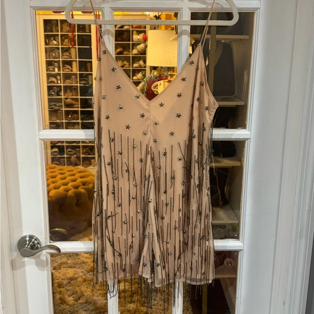 ⭐️🪩🌟 ASOS Beige Mesh Embellished Romper Playsuit star fringe festival Shorts - Picture 2 of 7